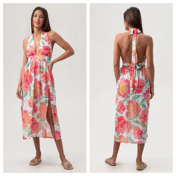 NEW Trina Turk Poppy Sleeveless Halter Midi Dress Swimsuit Coverup Sundress L - Picture 1 of 8